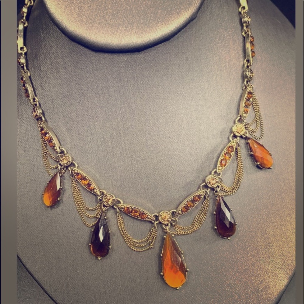 VTG BOHEMIAN 14in AMBER DROP RHINESTONES NECKLACE